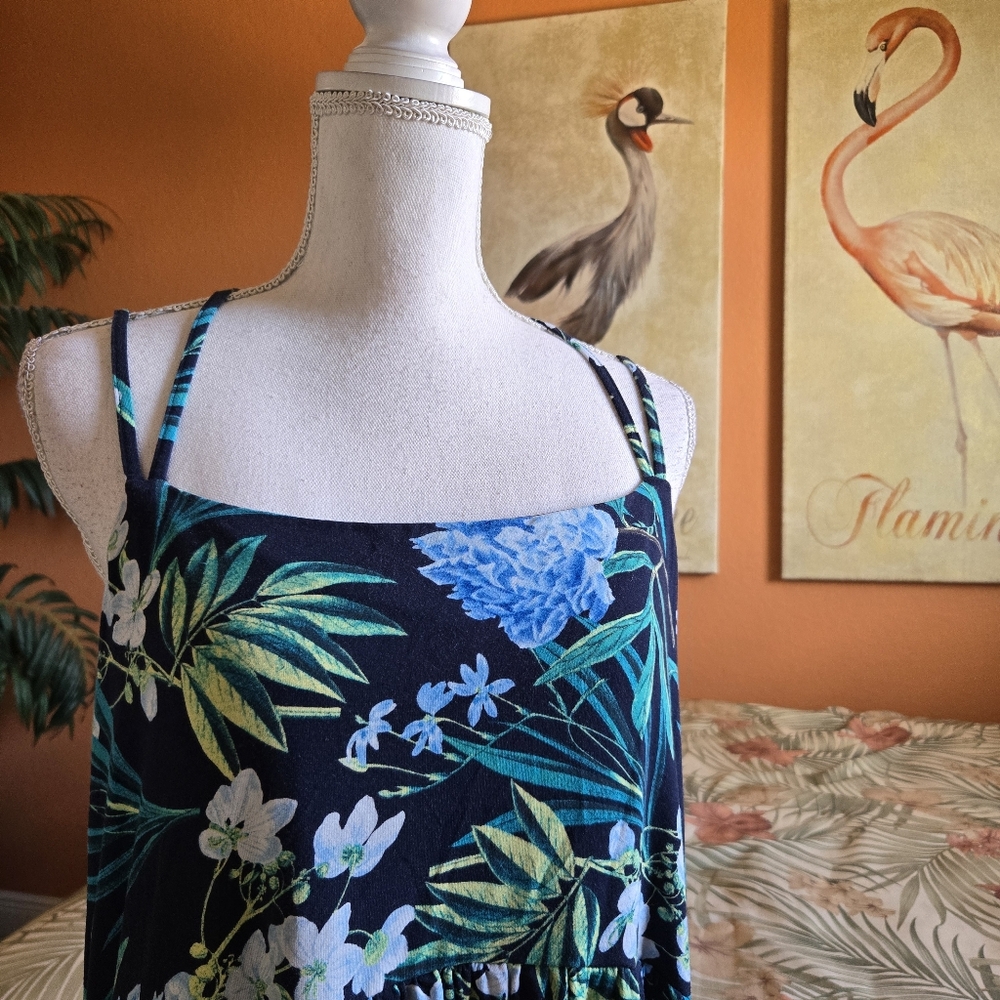 3/$25 Old Navy Stretch Sun Dress Mini Floral Strappy Navy Blue Green XXL - Picture 2 of 13